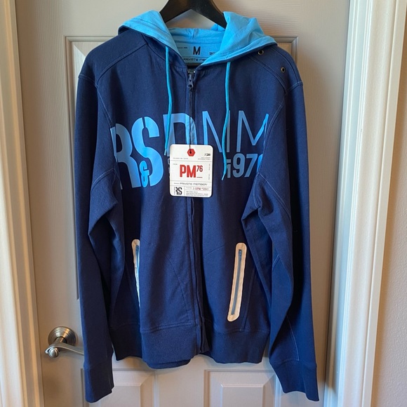 NWT PRIVATE MEMBER Blue Zip Front Hoodie Sweater with Graphic Print SZ M - Picture 2 of 8